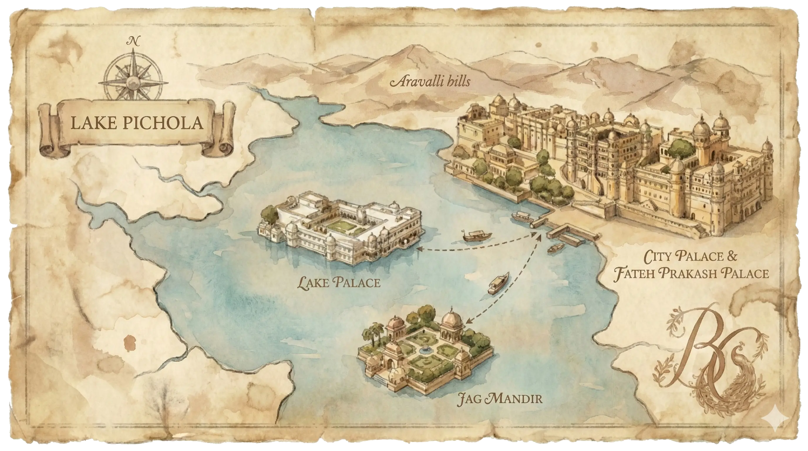 Map of Lake Pichola showing Jag Mandir, Lake Palace, and Fateh Prakash Palace venues